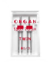 Igły Organ podwójne do tkanin o grubości 80 i rozstawie 3 mm - 2 szt